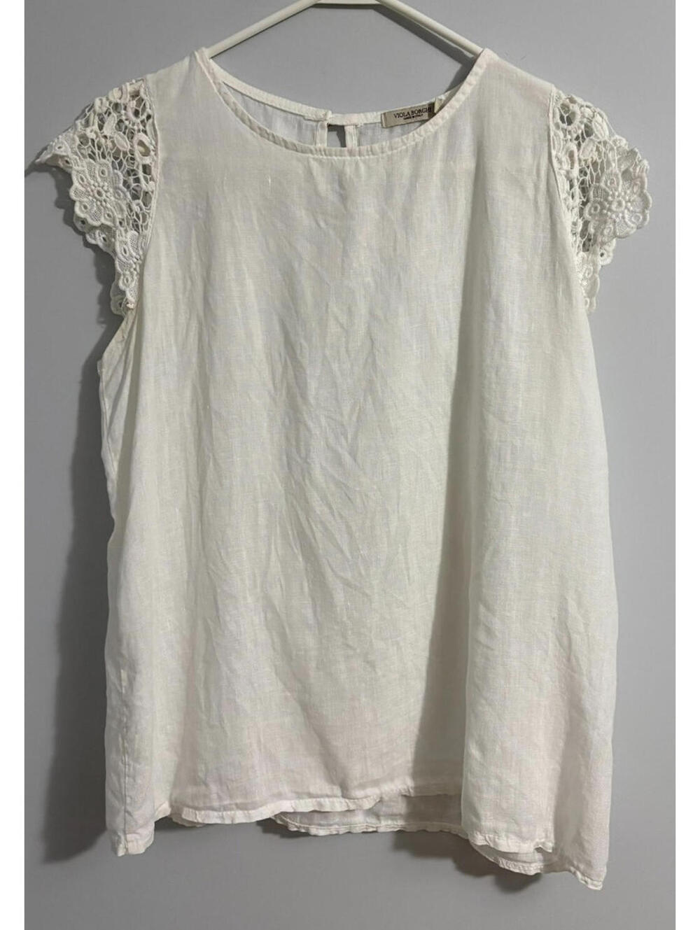 Viola Borghi Linen Top White Lace Cap Sleeves Made in Italy Women's Size Large